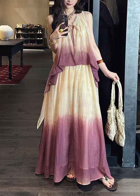 Silk Linen Purple Chic Two V Dress Pieces Ruffled False Neck