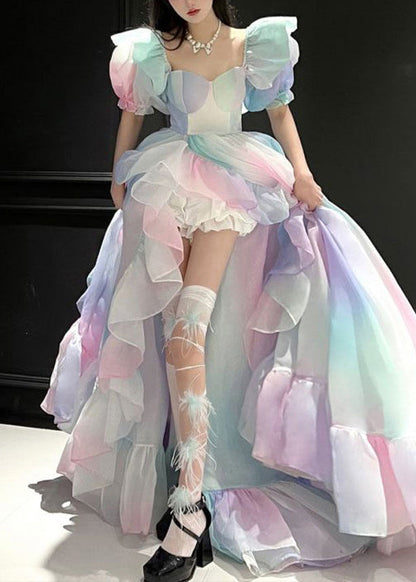 Chic Rainbow Bustier Top Asymmetrical Patchwork Tulle Long Dress Puff Sleeve RP017