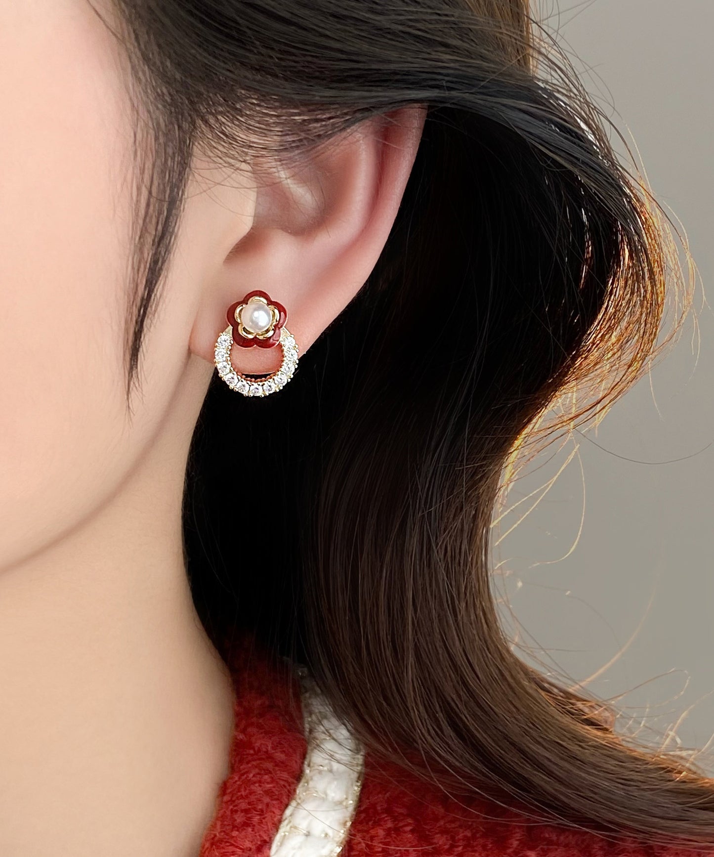 Stud Alloy Flower Zircon Copper Red Chic Camellia Earrings