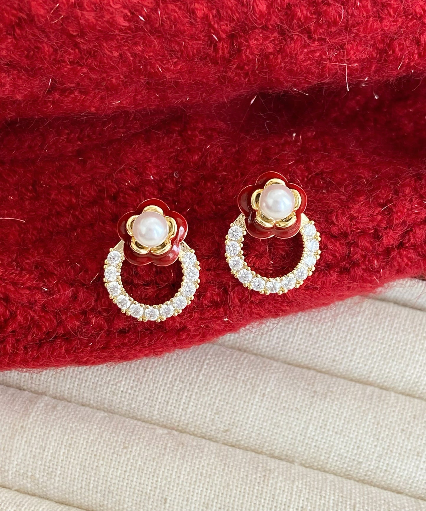 Stud Alloy Flower Zircon Copper Red Chic Camellia Earrings