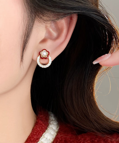 Stud Alloy Flower Zircon Copper Red Chic Camellia Earrings