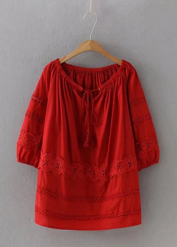 Chemise à manches longues en patchwork de dentelle rouge chic VV025