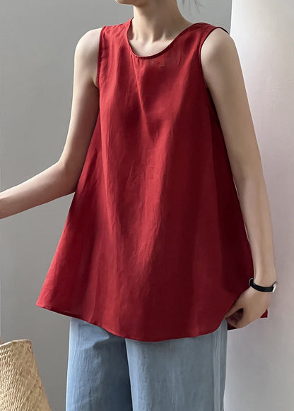 Chic Red Lace Up Solid Cotton Tops Sleeveless QE046