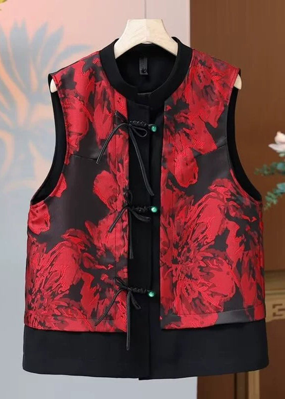 Chic Red O Neck Print Button Silk Waistcoat Sleeveless QO059