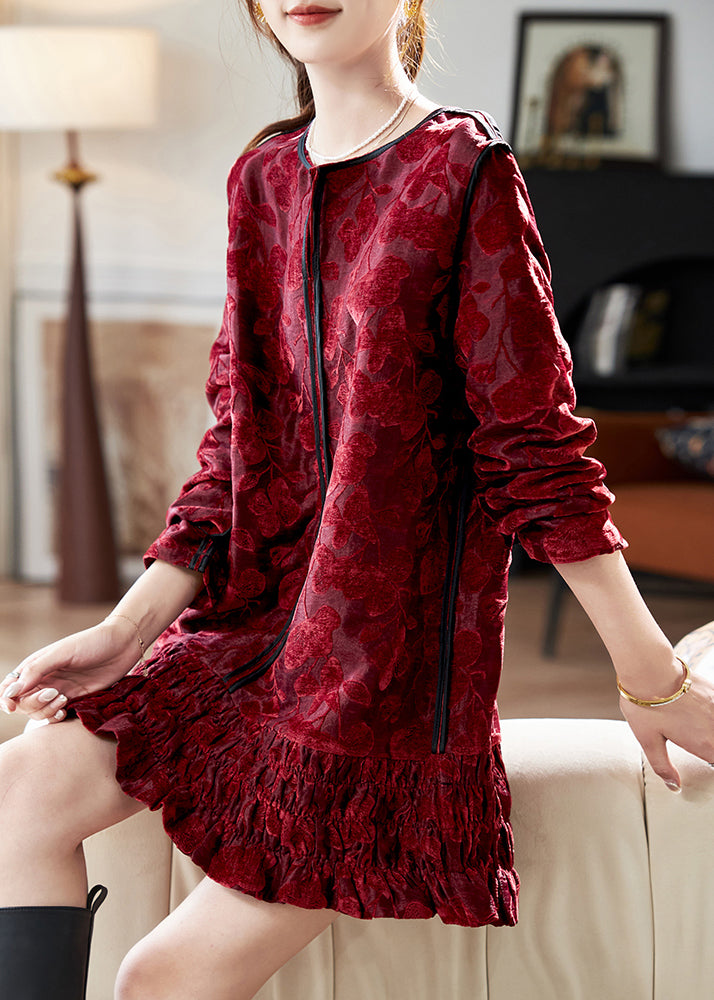 Chic Red O Neck Ruffled Patchwork Velvet Mid Dress Spring RL019