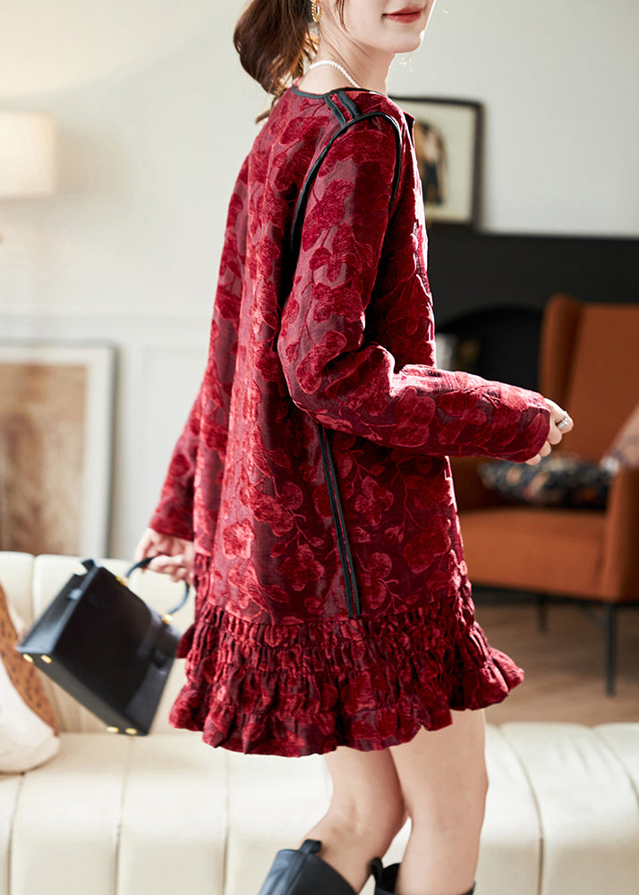 Chic Red O Neck Ruffled Patchwork Velvet Mid Dress Spring RL019