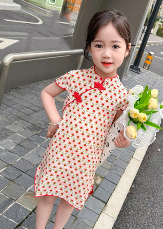 Robe longue de vacances à manches courtes pour enfants, imprimé rouge chic, ouverte sur le côté, MN020