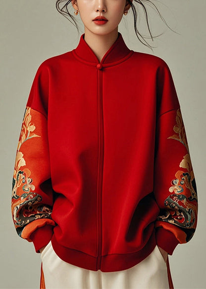 Chic Red Stand Collar Patchwork Cotton Sweatshirt Spring YJ043