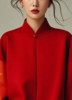 Chic Red Stand Collar Patchwork Cotton Sweatshirt Spring YJ043