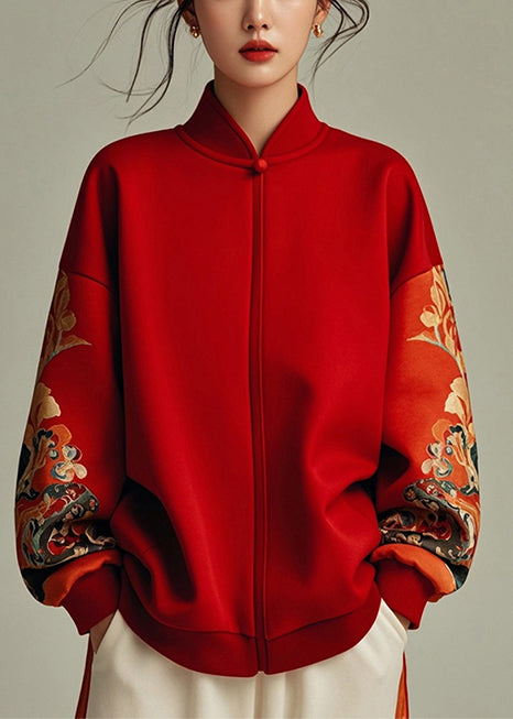 Chic Red Stand Collar Patchwork Cotton Sweatshirt Spring YJ043