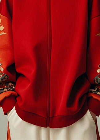 Chic Red Stand Collar Patchwork Cotton Sweatshirt Spring YJ043