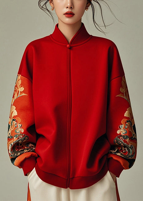 Chic Red Stand Collar Patchwork Cotton Sweatshirt Spring YJ043