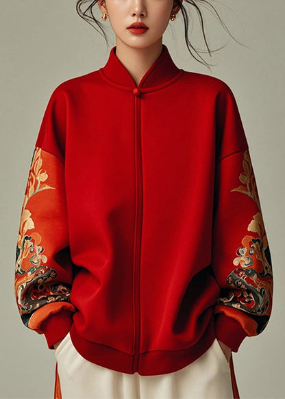 Chic Red Stand Collar Patchwork Cotton Sweatshirt Spring YJ043