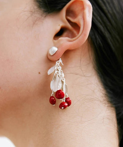 Chic Red Sterling Silver Alloy Leaves Drop Earrings PO020