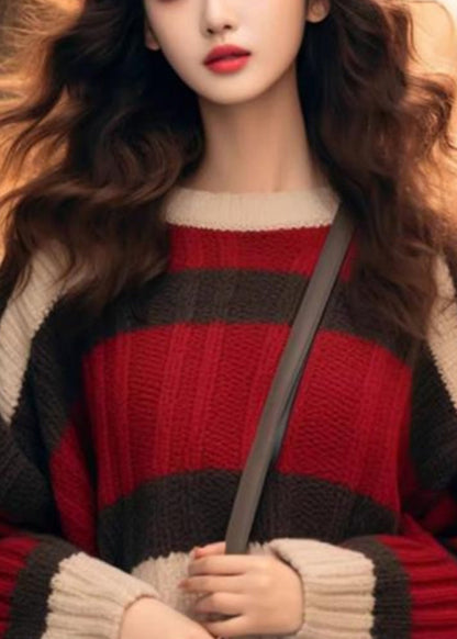 Chic Red Striped Cozy Patchwork Knit Sweater Winter WX029