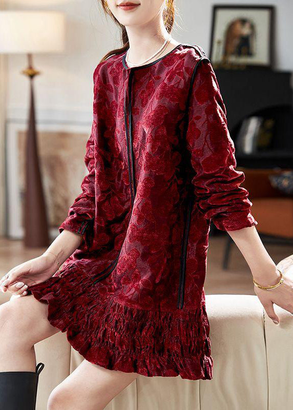 Dresses Chic Vacation Silk Long Neck Ruffled Red V Mid Velvet