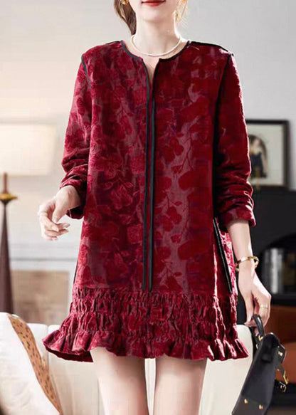 Dresses Chic Vacation Silk Long Neck Ruffled Red V Mid Velvet