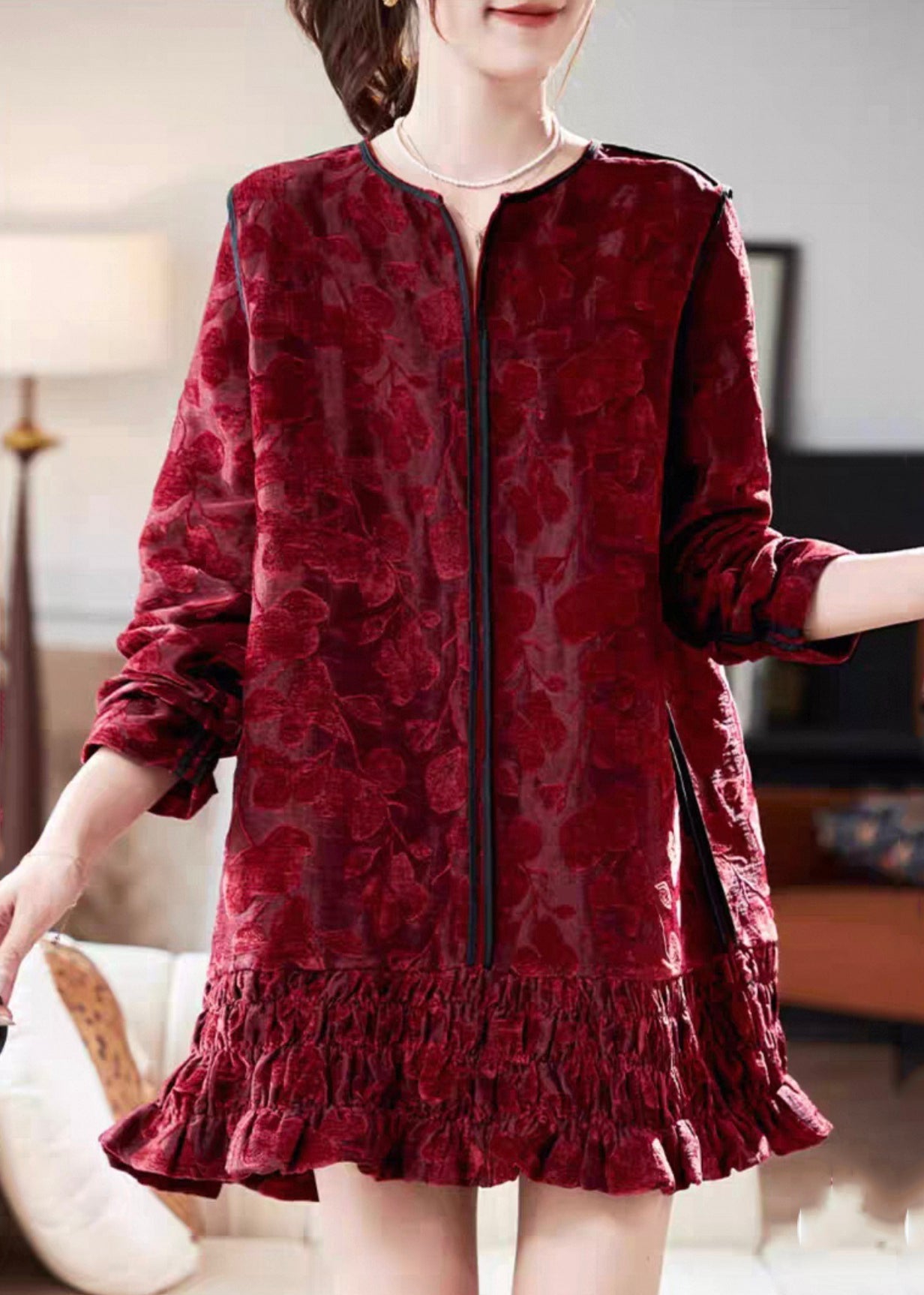 Dresses Chic Vacation Silk Long Neck Ruffled Red V Mid Velvet