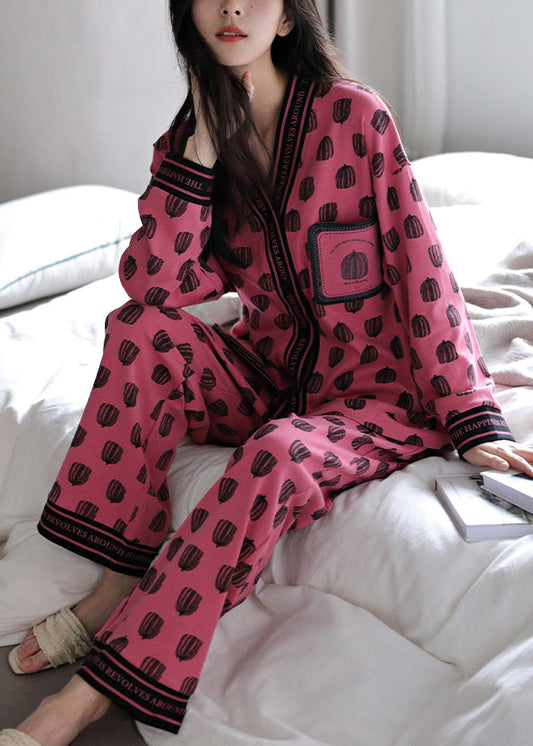 Set Rose Print Pieces Cotton Two Pajamas V Neck Chic Fall