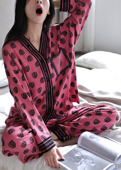 Set Rose Print Pieces Cotton Two Pajamas V Neck Chic Fall