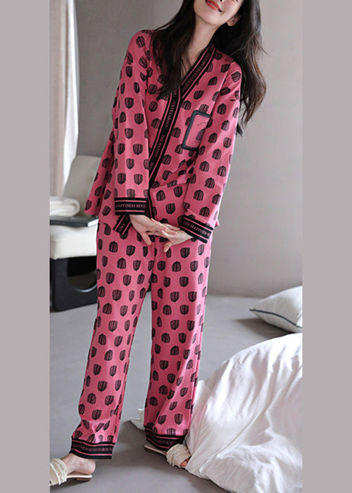 Set Rose Print Pieces Cotton Two Pajamas V Neck Chic Fall