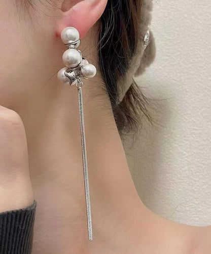 Chic Silk Sterling Silver Alloy Pearl Tassel Drop Earrings ZZ089