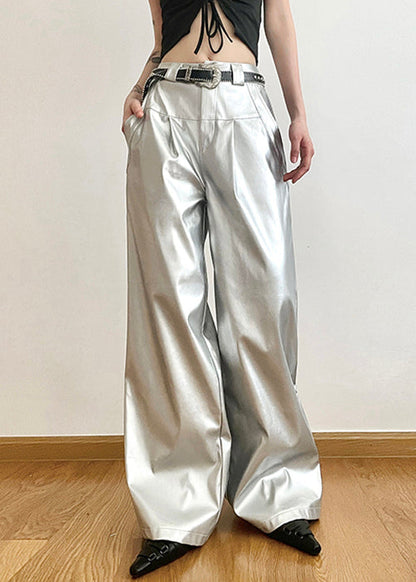 Pantalon large taille haute avec poches argentées chics pour l'été PP024