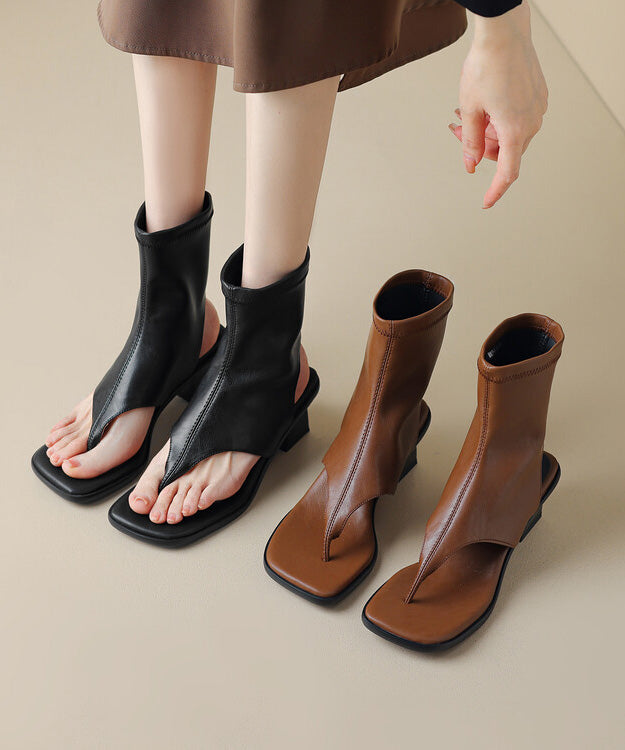 Brown Flops Boots Chunky Splicing Flip Chic Faux Leather