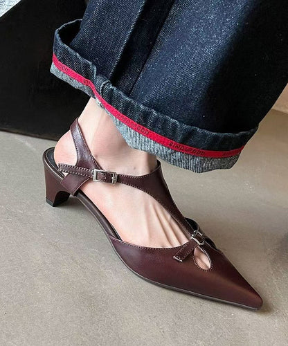 Hollow Chunky Splicing Out Brown Cowhide Sandals Leather Chic