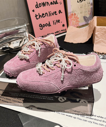 Flats Suede Purple Zircon Chic Lace Up Pearl Splicing