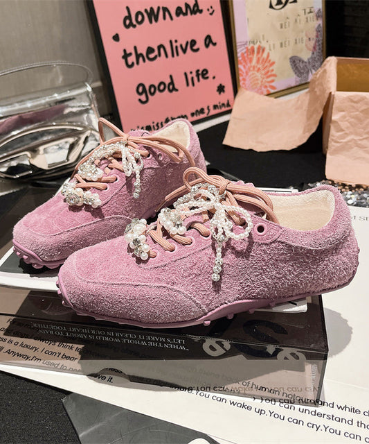 Flats Suede Purple Zircon Chic Lace Up Pearl Splicing