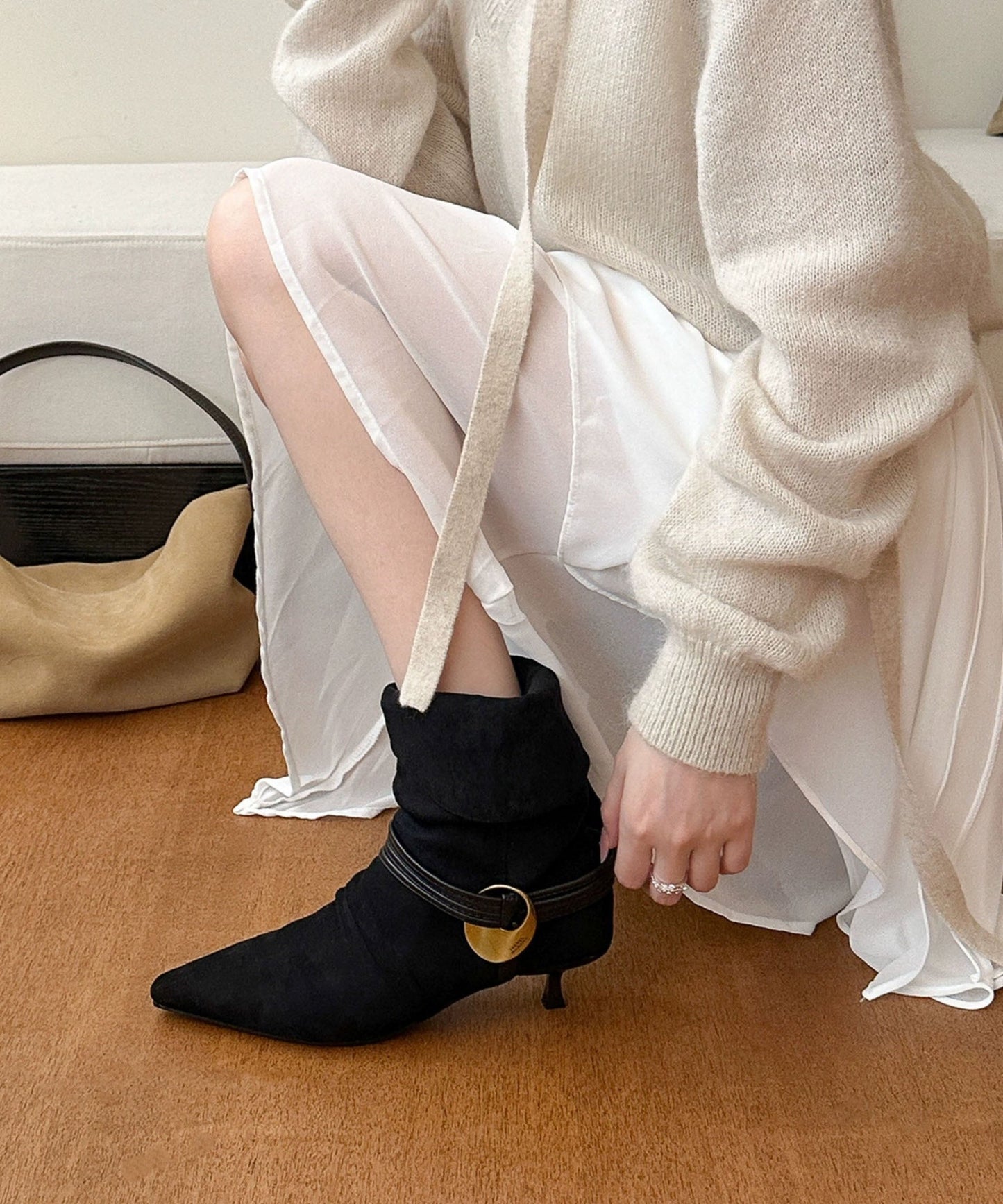 Splicing Chic Boots Toe Heel High Pointed Suede Black