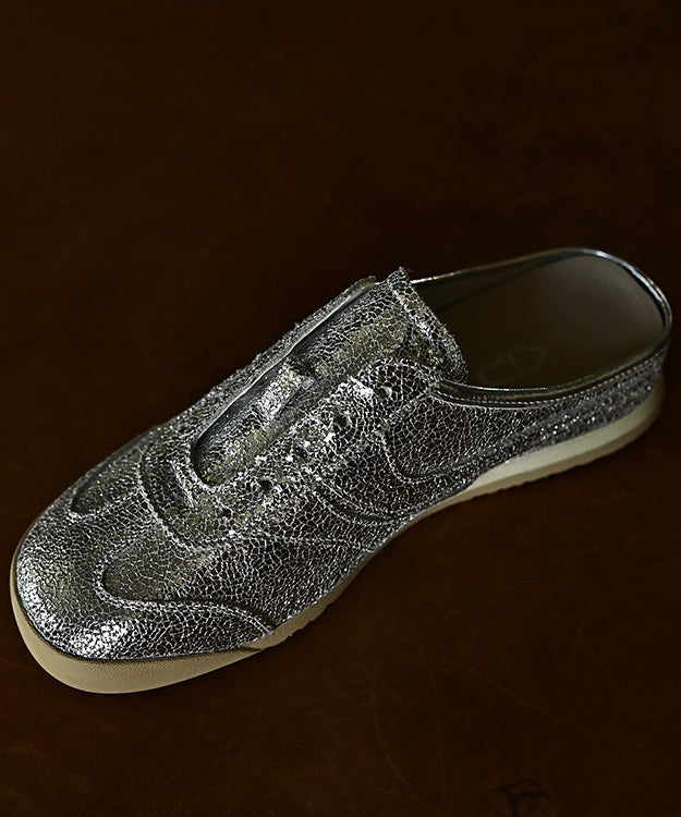 Splicing Cowhide Chic Slide Leather Sandals Silver Wedge