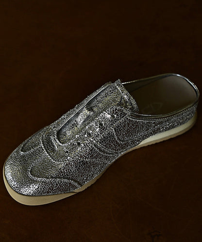 Splicing Cowhide Chic Slide Leather Sandals Silver Wedge