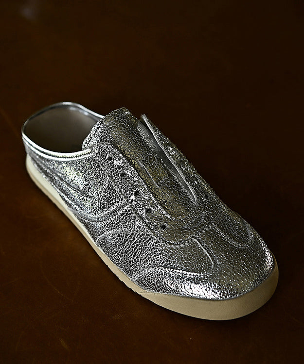 Splicing Cowhide Chic Slide Leather Sandals Silver Wedge