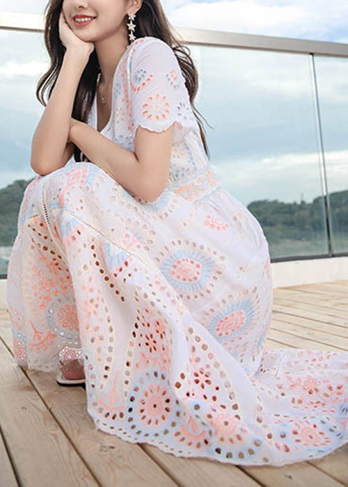 Hollow Out V Dress Linen Long Neck Chic Summer