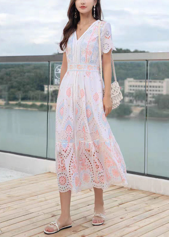 Hollow Out V Dress Linen Long Neck Chic Summer