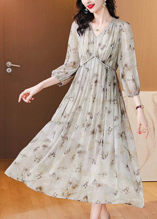 Chic V Neck Print Lace Up Chiffon Long Dress Lantern Sleeve BB001