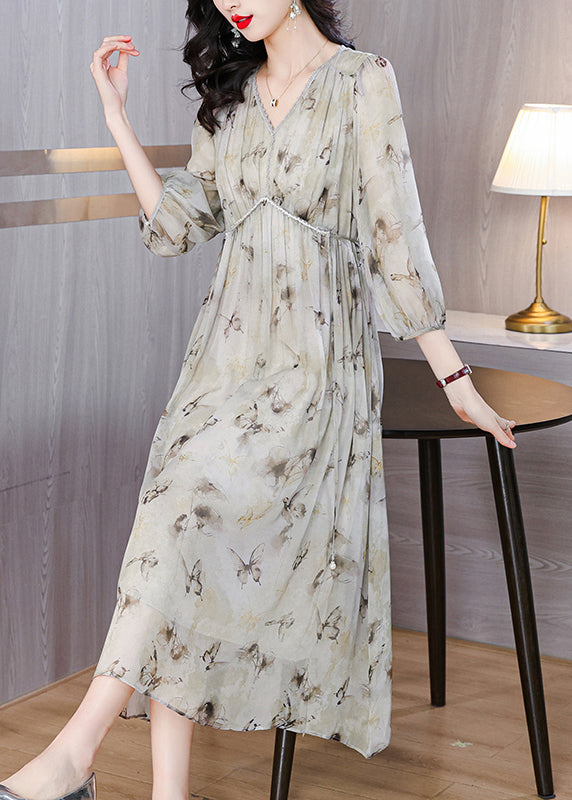 Chic V Neck Print Lace Up Chiffon Long Dress Lantern Sleeve BB001