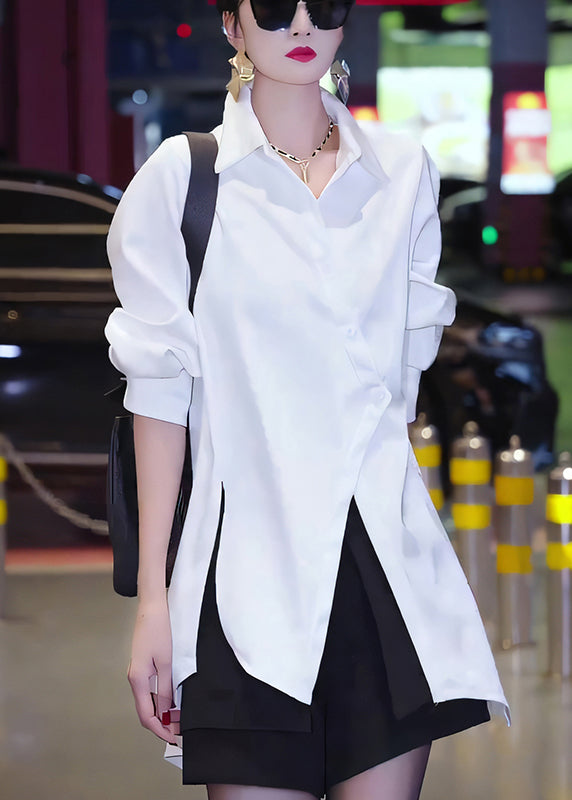 Button Cotton Fall White Chic Asymmetrical Blouses
