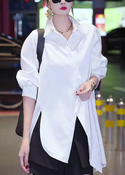 Button Cotton Fall White Chic Asymmetrical Blouses
