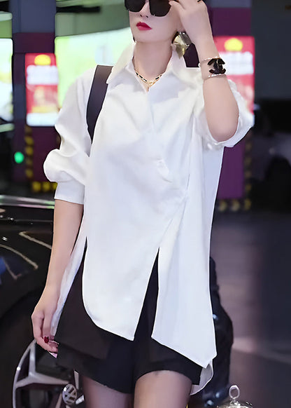Button Cotton Fall White Chic Asymmetrical Blouses