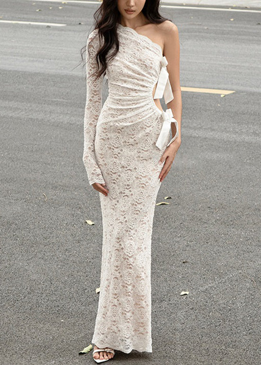 Chic White Asymmetrical Hollow Out Lace Maxi Dress Spring YT018