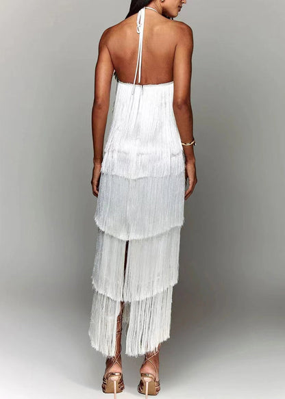Halter Backless Tasseled Chic White Summer Dress