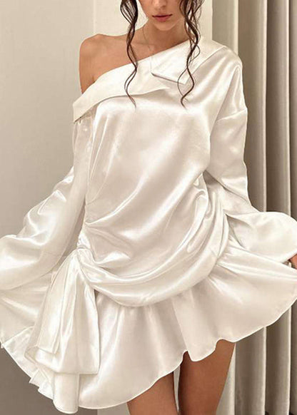 Dress Fall Cold Silk Shoulder Mid Chic Wrinkled White