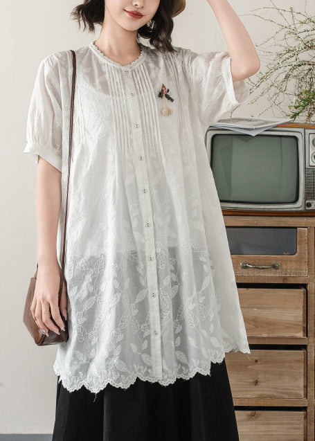 Embroidered Chic Long Blouses Summer White Cotton
