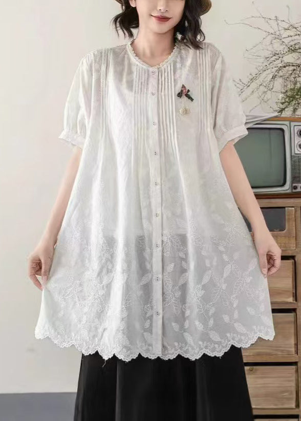 Embroidered Chic Long Blouses Summer White Cotton