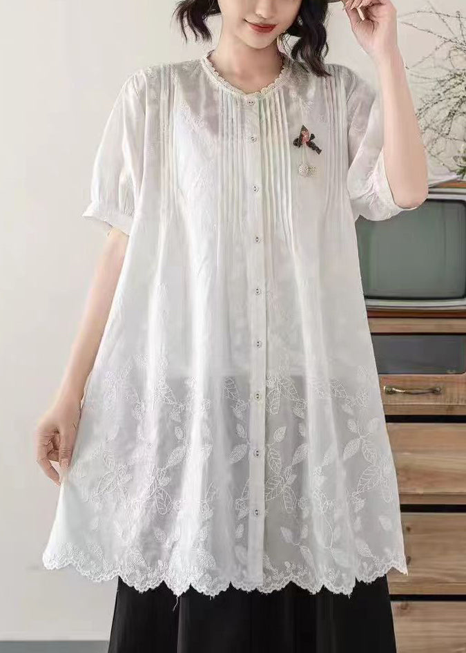 Embroidered Chic Long Blouses Summer White Cotton