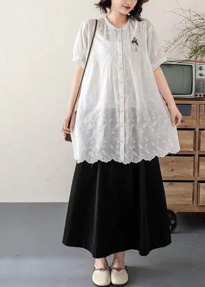 Embroidered Chic Long Blouses Summer White Cotton