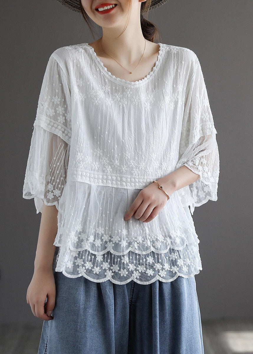 Chic White Embroidered Lace PatchworkTops Half Sleeve VV093